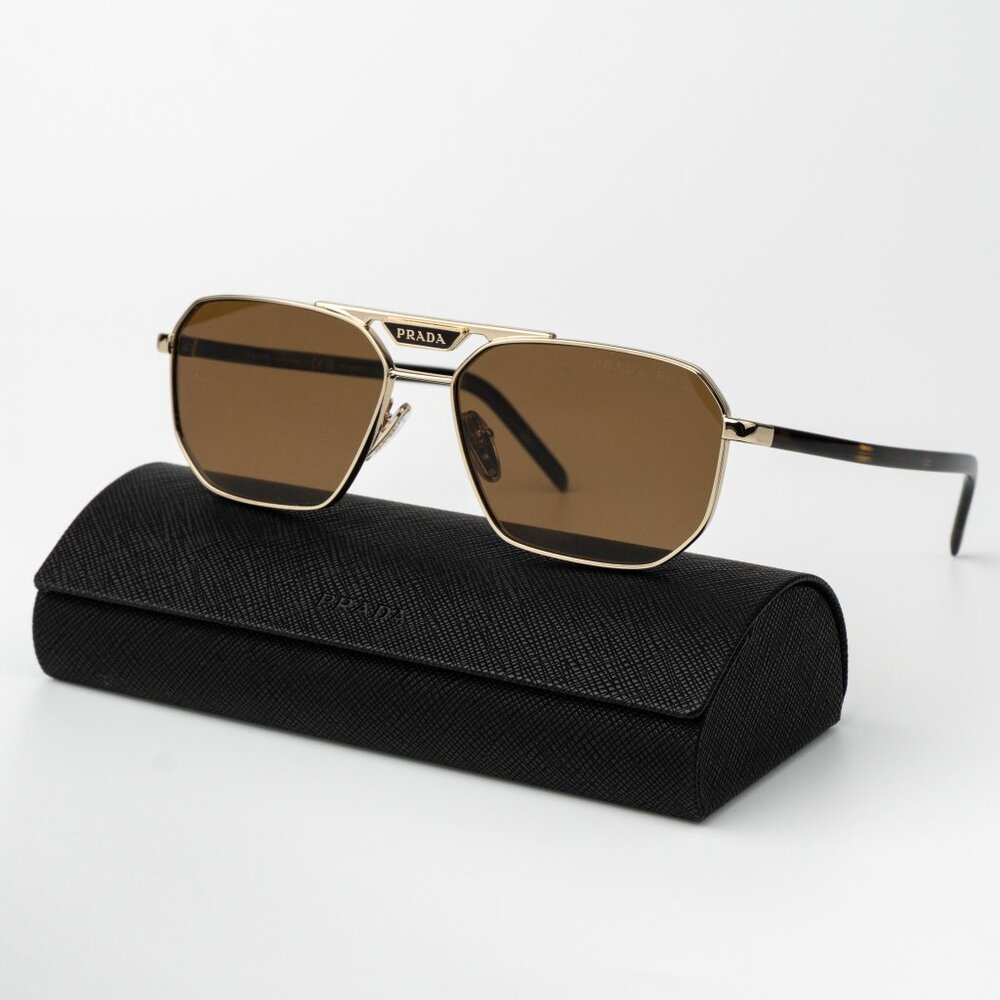 Prada Men Sunglasses Gold Brown Polarized Pilot Men PR58YS ZVN5Y1 BRAND NEW - Picture 2 of 12